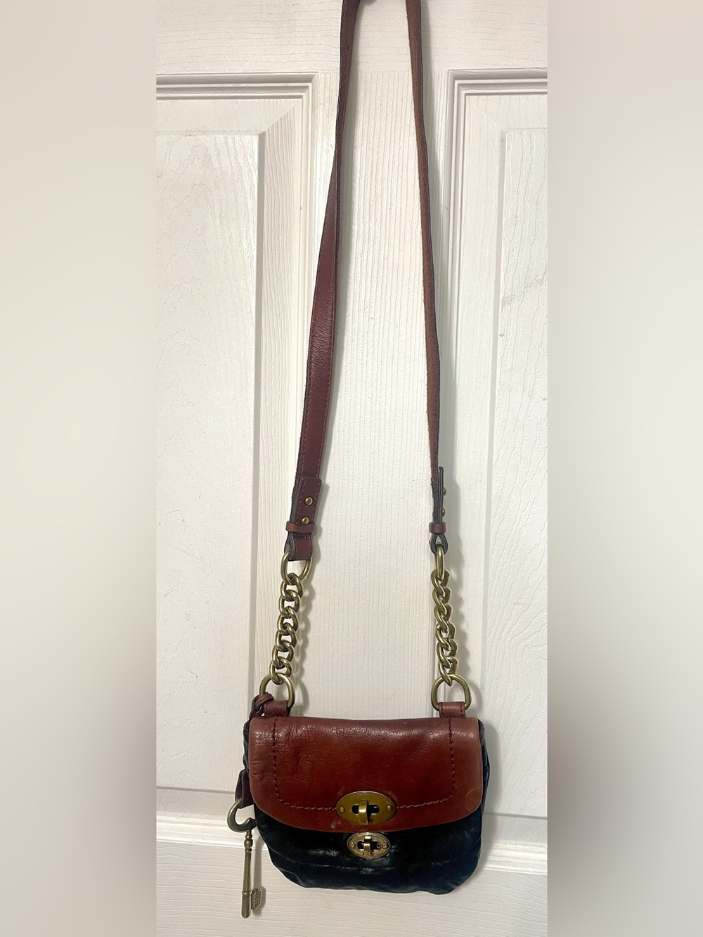 Fossil Mini Mason Vintage Leather Shoulder Bag Brown Black Double Turnlock Small